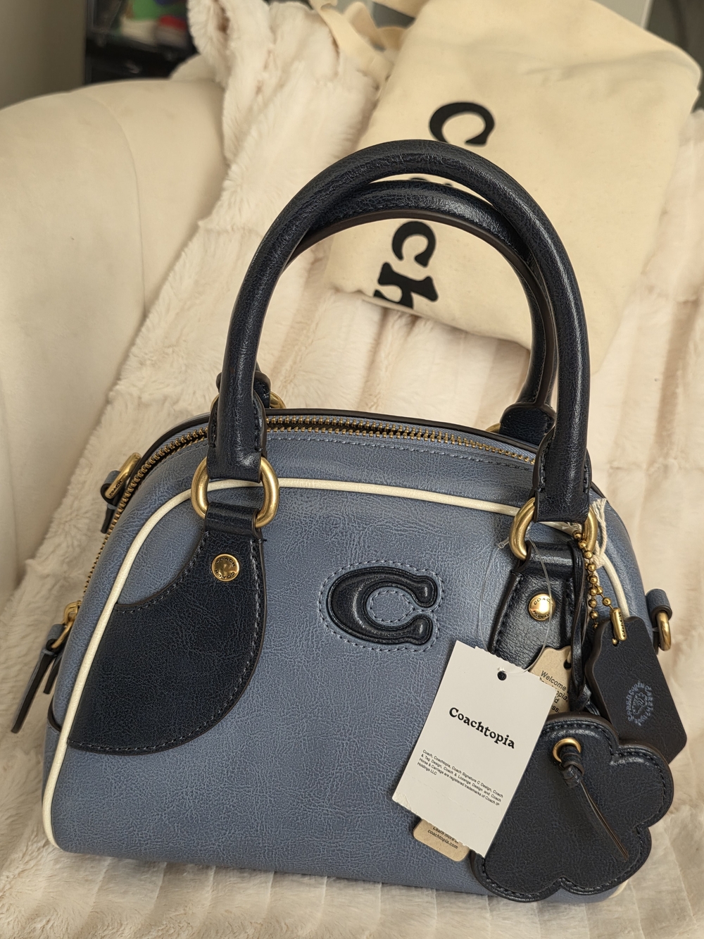 Coachtopia Two-Tone Blue Dome Satchel with Cream Piping